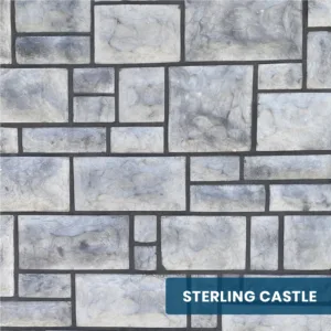 Close-up view of Innovative Stonecraft's STERLINGCASTLE stone finish, showcasing its classic and enduring design