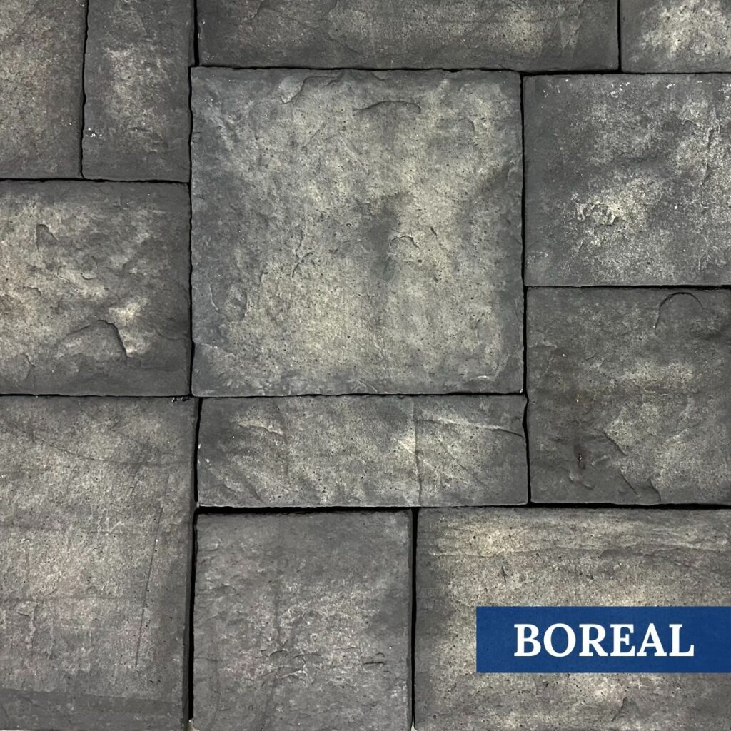 Sample Photo of Innovative Stoncraft's Boreal Profile which displays dark grey and cream hues. This profile is part of our EU Castle Collection.